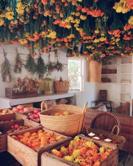 Indoor market scene with wooden boxes of orange and yellow flowers, baskets, and hanging dried flowers creating a warm, rustic aesthetic.