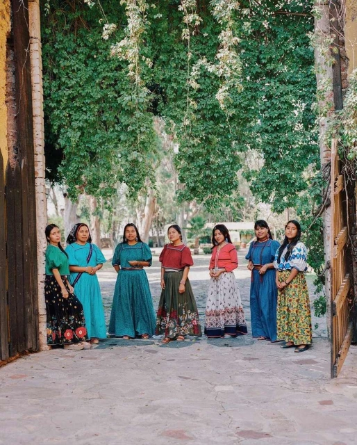 Seven women stand in a line in a garden wearing dresses and tops with floral patterns, green trees in the background, and light sunshine.