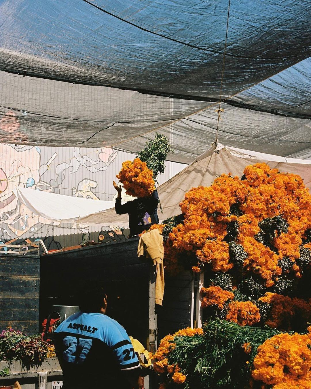 An outdoor market scene showing two people handling large bunches of orange marigold flowers under a shaded awning, in a natural light setting.