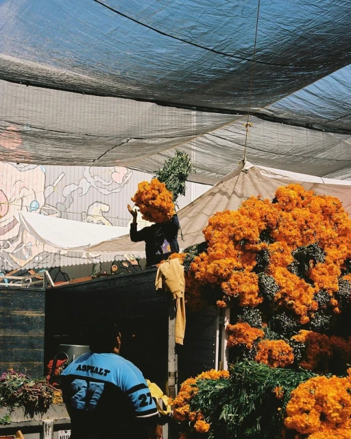 An outdoor market scene showing two people handling large bunches of orange marigold flowers under a shaded awning, in a natural light setting.