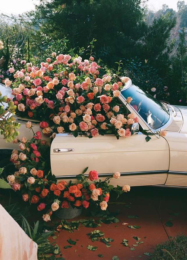 Classic convertible car overflowing with a vibrant display of peach and pink roses, set outdoors surrounded by lush greenery.