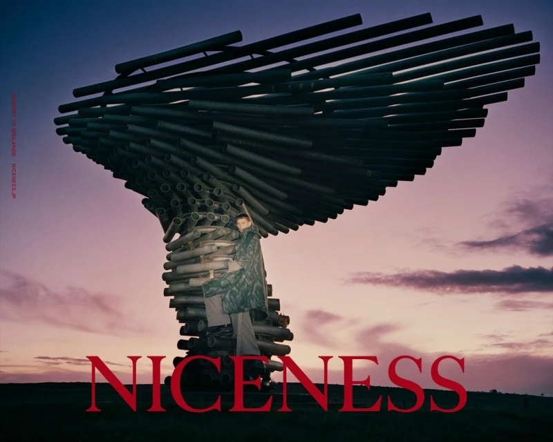 A person stands embraced against an abstract steel sculpture, silhouetted against a dusky sky with the word 'NICENESS' superimposed.