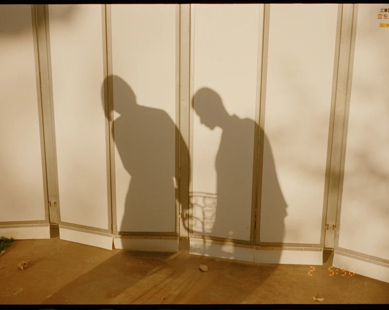 Monochrome image featuring the shadows of two people cast against a white wall with segmented panels in an indoor setting.