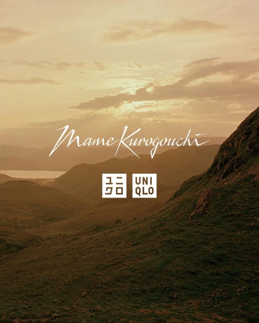 Landscape view featuring mountains, lake, and a warm sky at sunset with the 'Mame Kurogouchi' and Uniqlo brand logos in white.