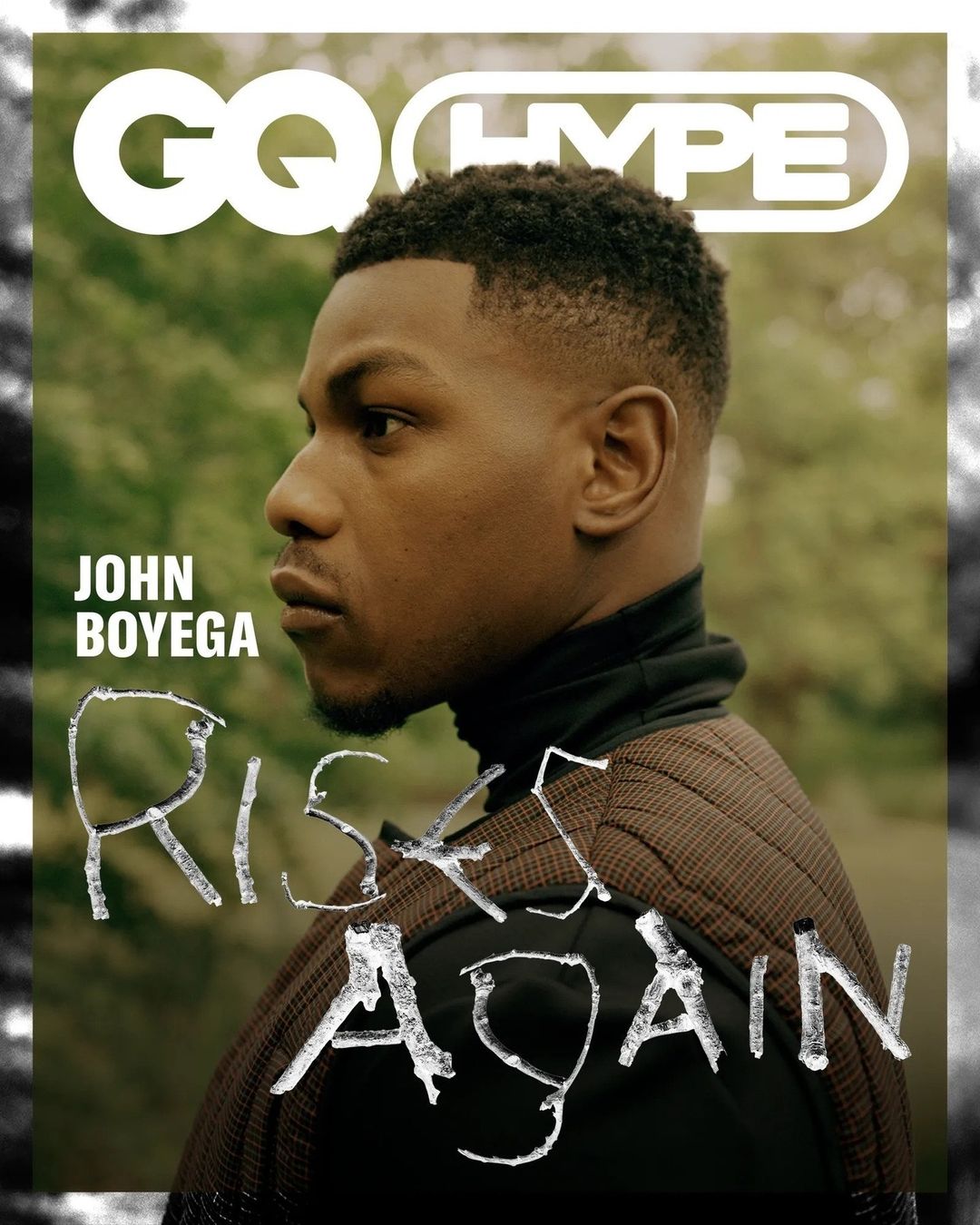 Magazine cover featuring John Boyega in a profile shot, set against a blurred green backdrop and stylized text overlay.