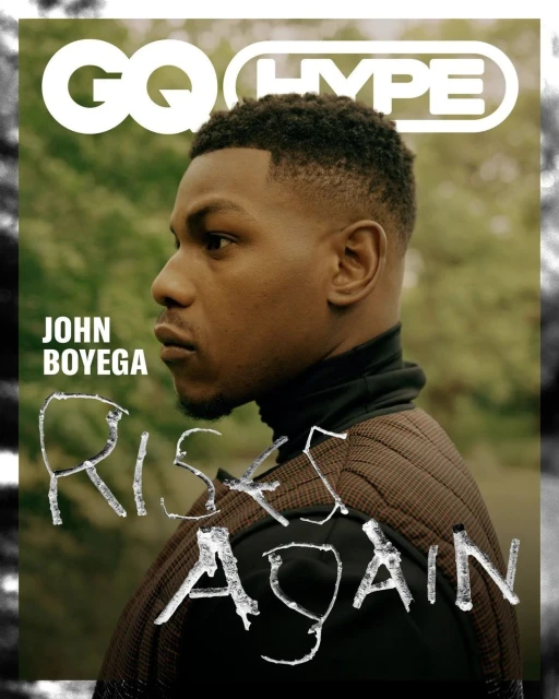 Magazine cover featuring John Boyega in a profile shot, set against a blurred green backdrop and stylized text overlay.