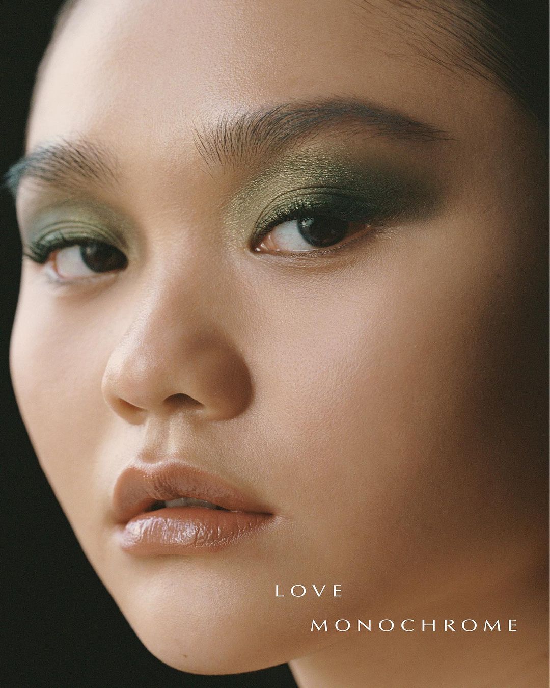 Close-up beauty portrait of a woman with green eyeshadow and glossy nude lips photographed by Piczo.