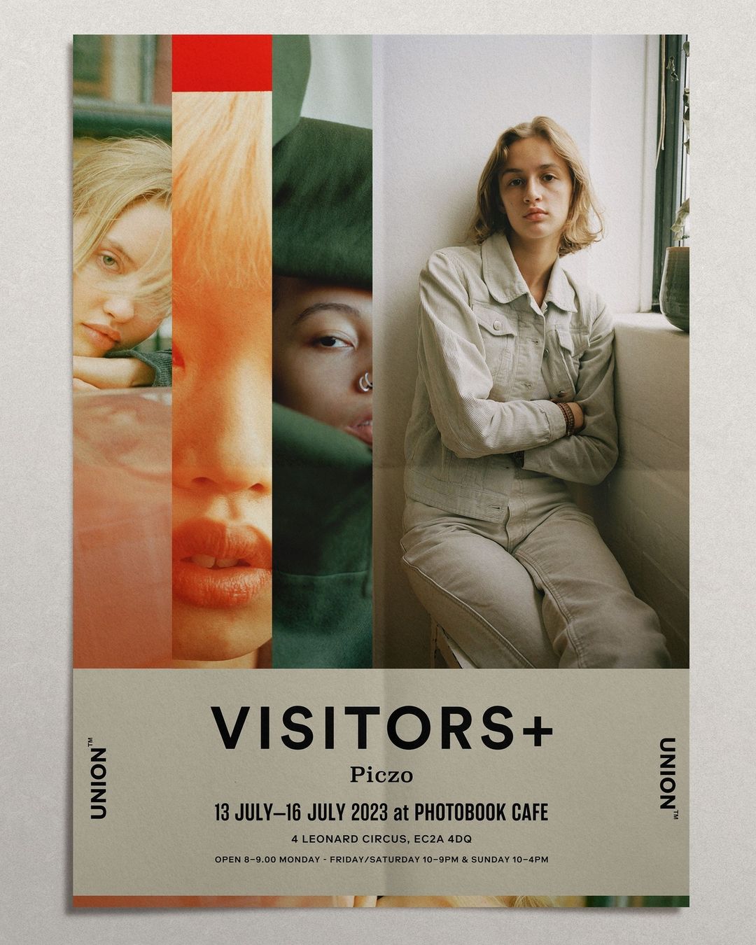 Poster featuring a woman in a neutral outfit next to strips of faces, promoting a photo exhibit at Photobook Cafe, London.