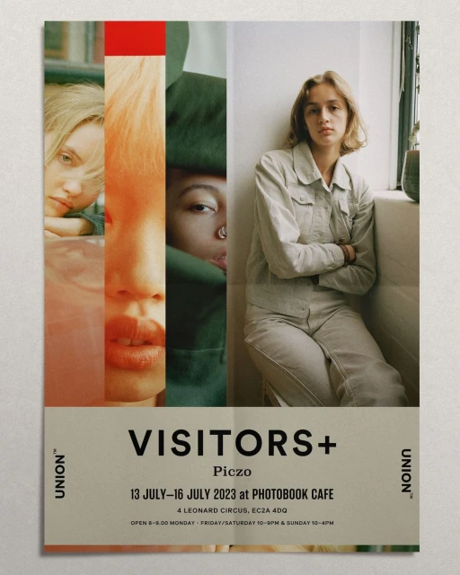 Poster featuring a woman in a neutral outfit next to strips of faces, promoting a photo exhibit at Photobook Cafe, London.