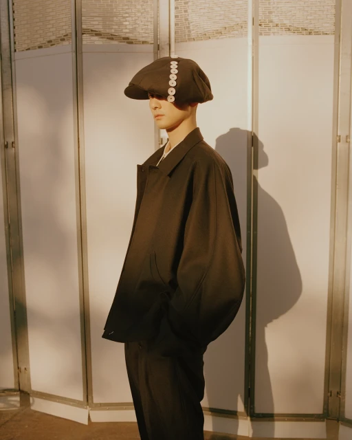 A young adult in a brown jacket and decorative cap stands in front of a white folding screen in a studio setting, fashion portrait.