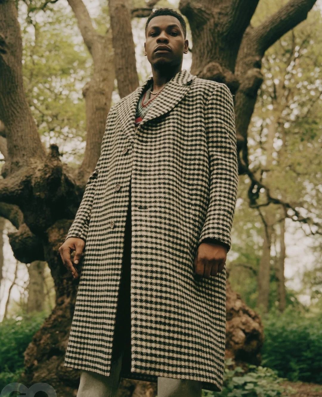 Portrait of John Boyega standing outdoors in a houndstooth overcoat before a large gnarled tree in woodland shot by Piczo