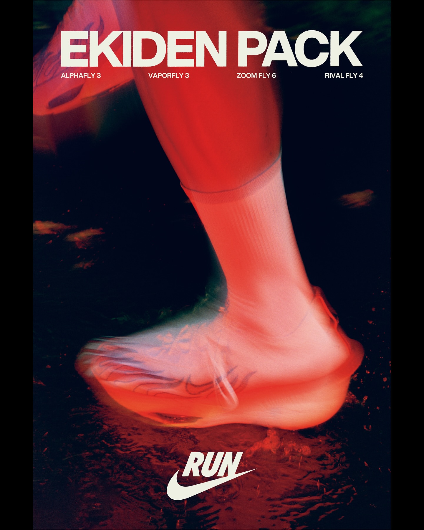 Close-up of runner's feet in athletic shoes and socks, against a dark red background, promoting running footwear and athletic performance.