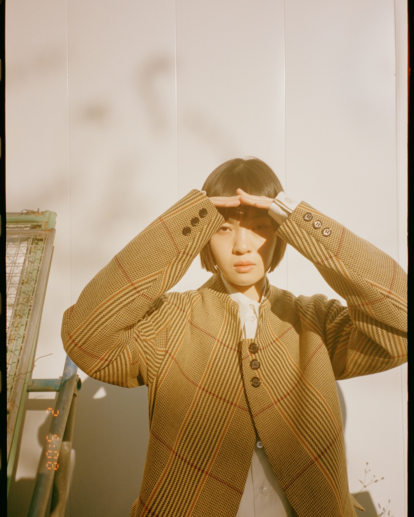 Adult female in a brown plaid jacket poses with hands above head, set against a plain wall, with a ladder and vintage prop.