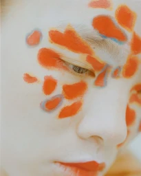 Extreme close-up of a model's face featuring painted orange and blue spots across the forehead and cheek
