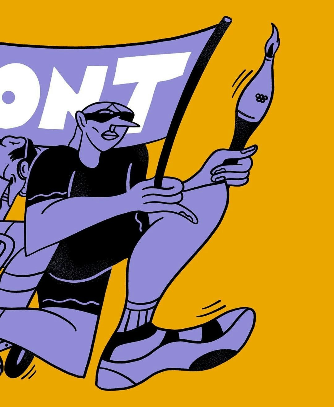 Illustration of people carrying a flag and a torch against a yellow background, depicting a stylized and graphic design.