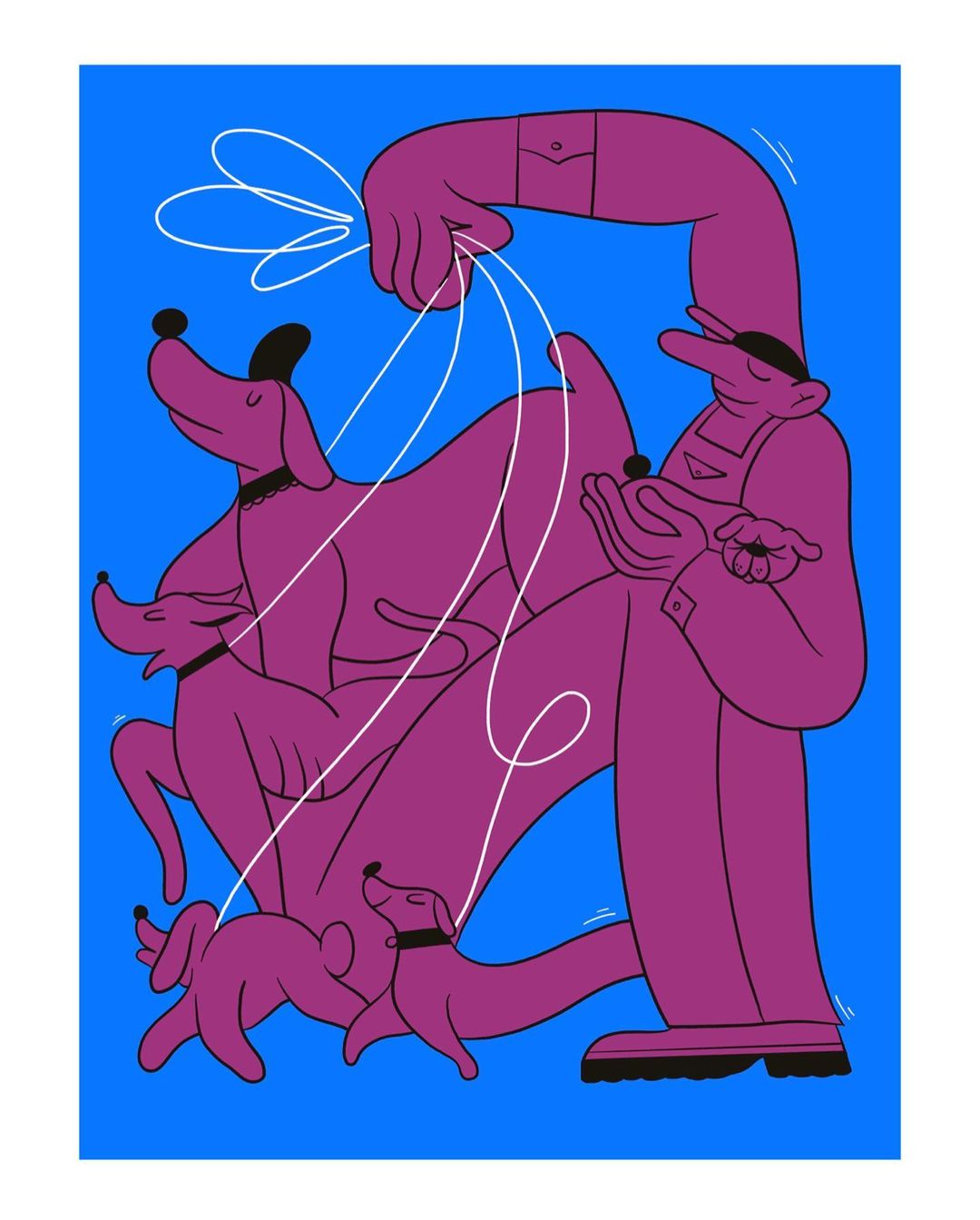 Illustration of a purple-toned person holding string leashes attached to a group of four small purple dogs against a blue background.