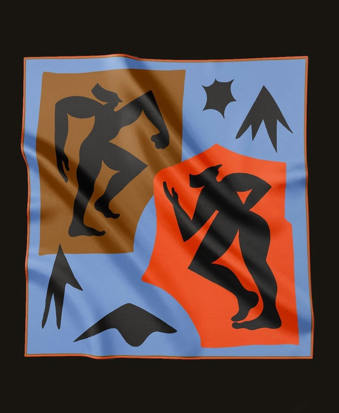 Abstract art silk scarf featuring black silhouettes of figures against blocks of orange, blue, and brown, evoking a dynamic and artistic expression.