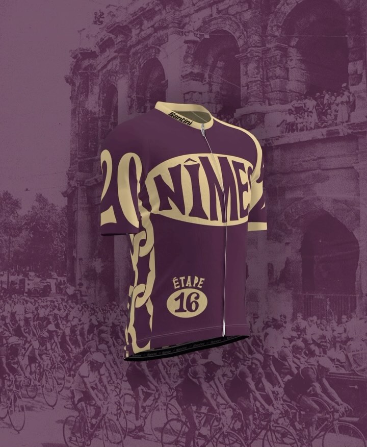 Cycling jersey with vintage design featuring the name 'Nimes' and the number '20,' set against a blurred backdrop of cyclists and architecture.