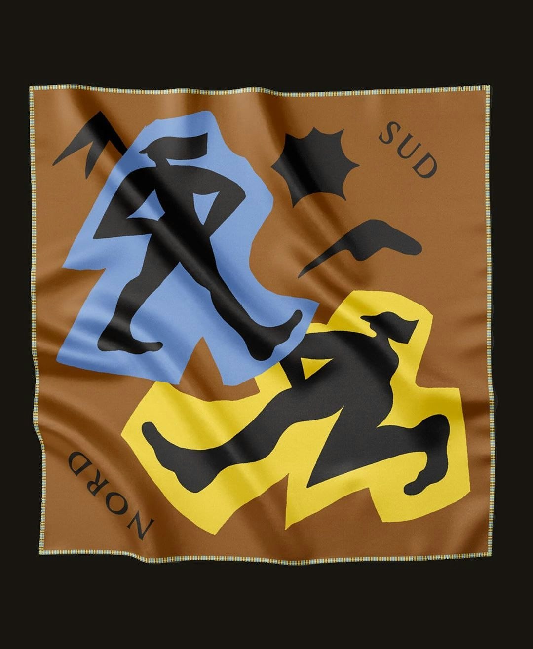 Silk scarf featuring abstract figures in black, blue, and yellow on a brown background, with 'NORD' and 'SUD' text.