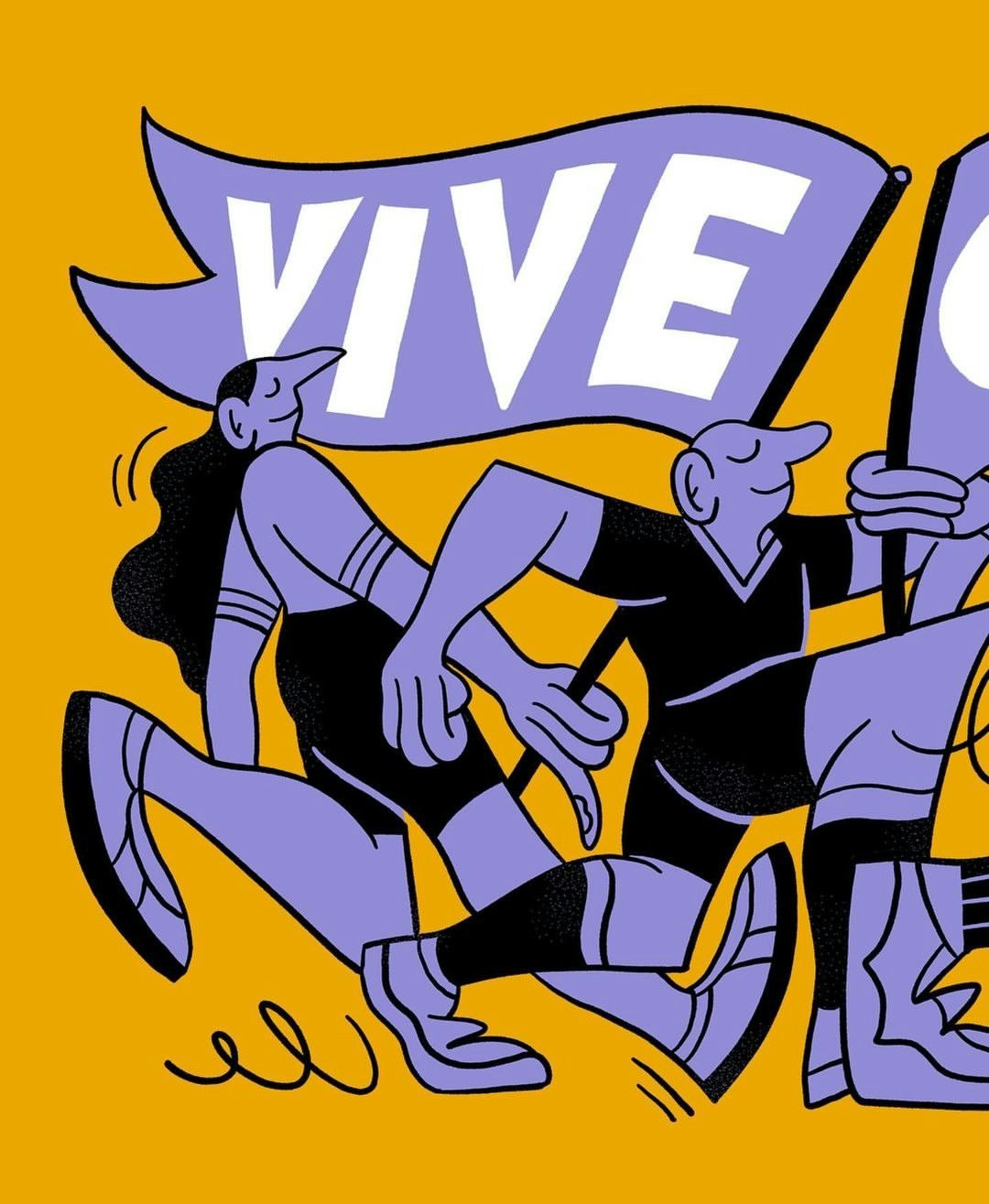 Illustrated scene features two people running, holding a flag with the word 'VIVE' against a solid yellow background.
