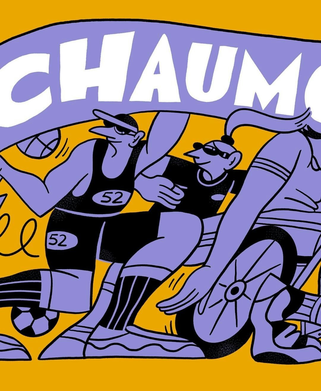 Illustration of three athletes in sportswear: a runner, cyclist, and basketball player on a yellow background with purple banner.