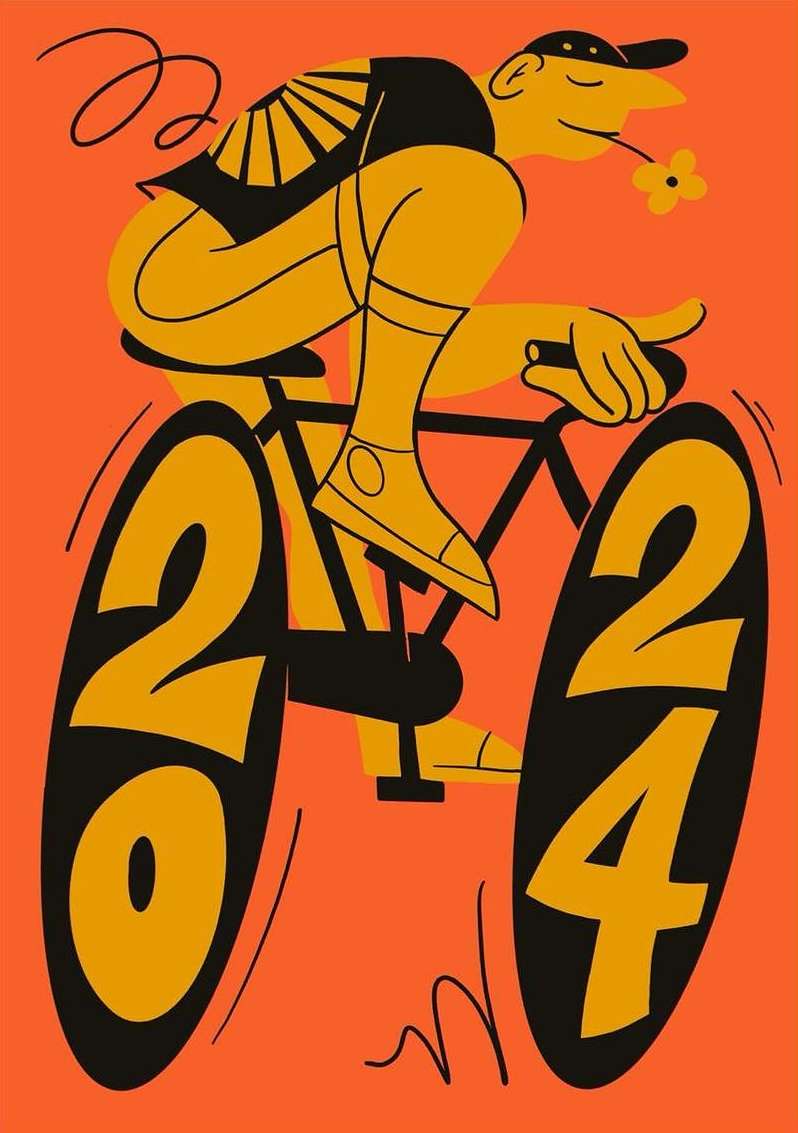 Illustration of a stylised man with a flower in his mouth, riding a bicycle with the wheels shaped like the number 24 on an orange background.
