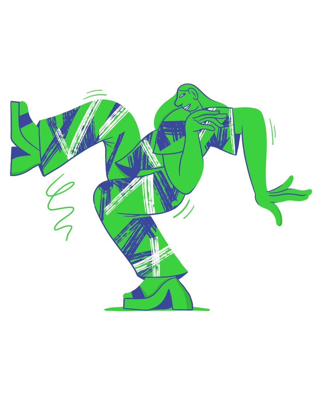 Green figure with patterned blue and white clothing strikes a dynamic pose, showcasing an illustration against a plain white background.