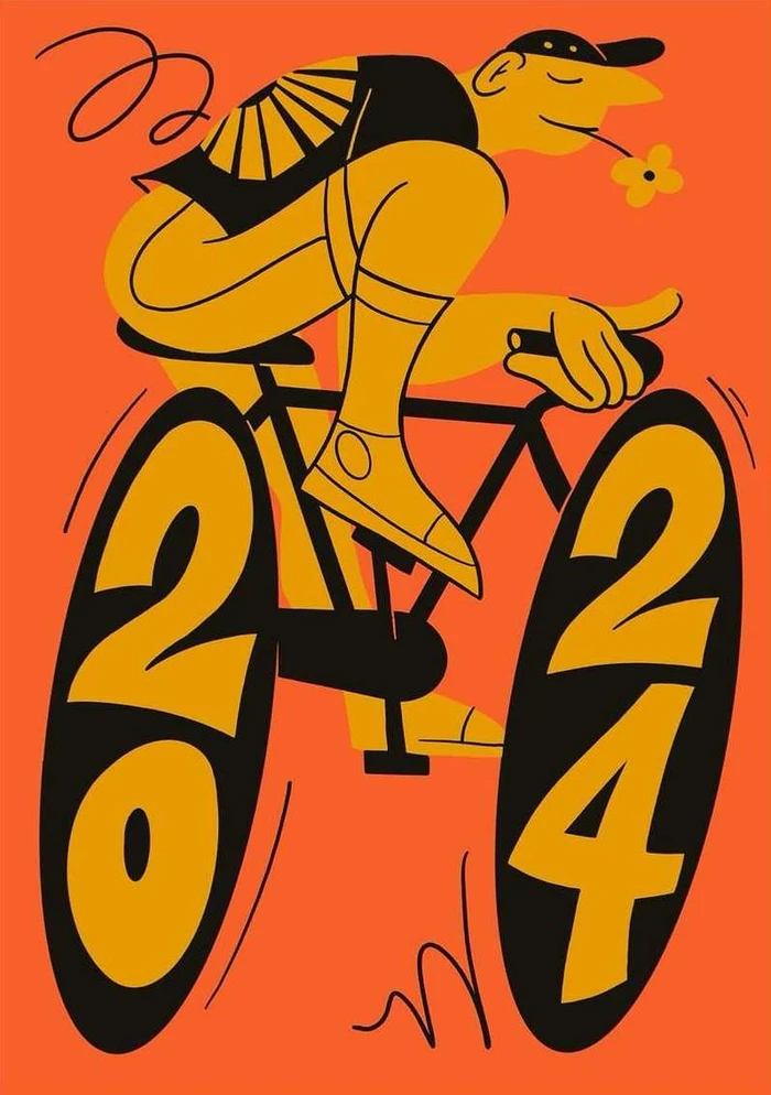 Illustration of a person riding a bicycle with oversized wheels shaped like the numbers 2024 against a solid orange background