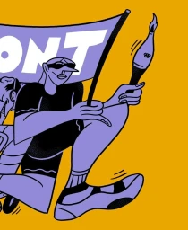 Digital illustration of a person holding a torch against a solid yellow and purple background.