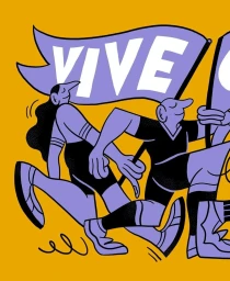 Illustration by Pierre Arsene Maurice featuring stylized figures marching with purple banners against a yellow background.