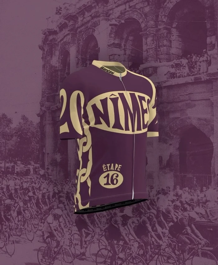 Purple cycling jersey with cream typography and chain graphic by illustrator Pierre Arsene Maurice