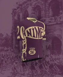 Purple cycling jersey with cream typography and chain graphic by illustrator Pierre Arsene Maurice