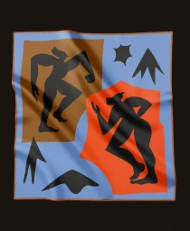 Square silk scarf featuring abstract black figures on blue, brown, and red geometric background panels against a dark setting