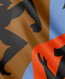 Close-up of fabric featuring bold abstract human figure illustrations in black against brown, orange, and blue colour blocks.