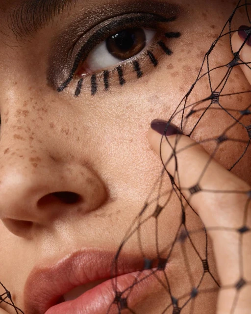 Close-up portrait of a model with brown eye makeup and decorative black lines, wearing a net veil and posing in a studio with diffused light.