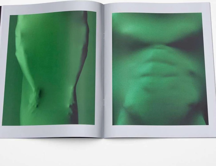 Conceptual green-toned photograph in an open book showing obscured human forms with dark shadows and skin texture, displayed on white pages.