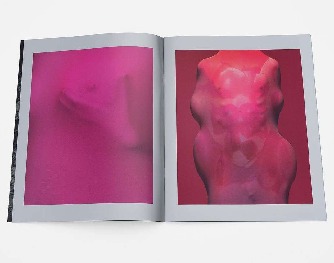 Open book displaying two pages of vibrant abstract figurative art in pink and red tones, presented in an indoor setting.
