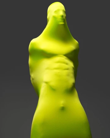 Abstract figure covered in chartreuse fabric standing against a grey background in a brightly lit studio environment.