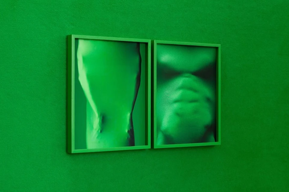 Two framed, abstract, monochromatic green portraits hang on a matching green wall, offering a minimalist and visually cohesive aesthetic.