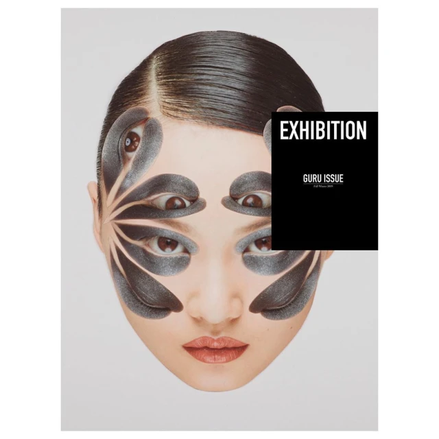 Surreal beauty editorial featuring a woman's face with multiple eyes and dark floral-like shapes, overlaid with a black text block.