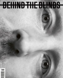 Extreme close-up monochrome portrait of a man's face with text overlay by Pierre Debusschere