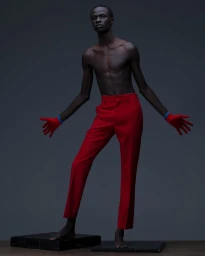Shirtless black man standing on dark platforms wearing red trousers and red gloves by Pierre Debusschere