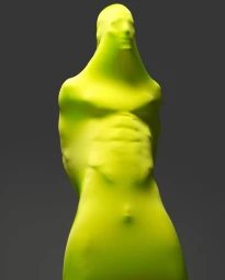 A person completely enclosed in a bright lime green full-body spandex suit against a dark grey background.