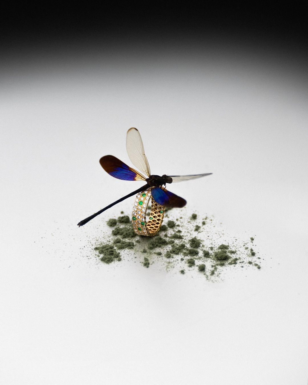 Close-up of a golden ring with emeralds, featuring a dragonfly ornament with blue and brown wings, set against a white backdrop.
