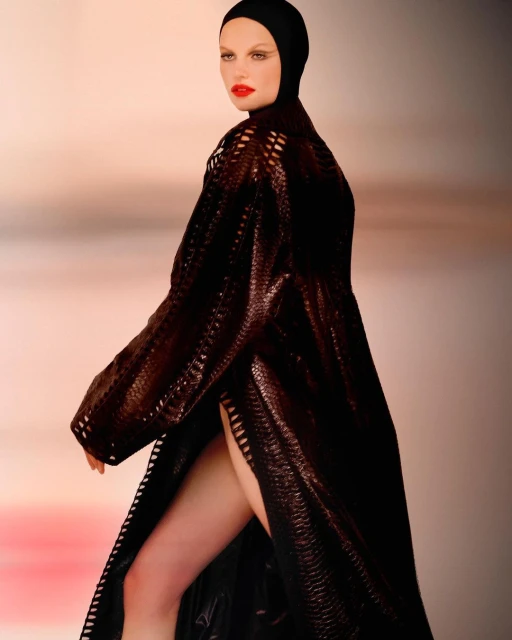 A model poses in a black hooded dress with a high slit against a gradient pink backdrop, showcasing a fashion-forward, elegant style.