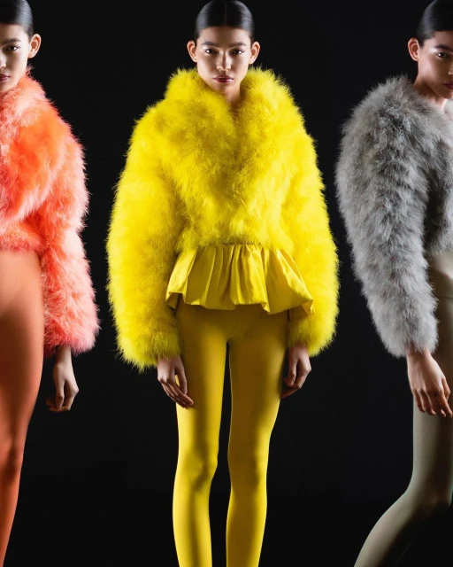 Three women wearing colourful faux fur jackets and matching leggings against a dark backdrop, fashion editorial photography.