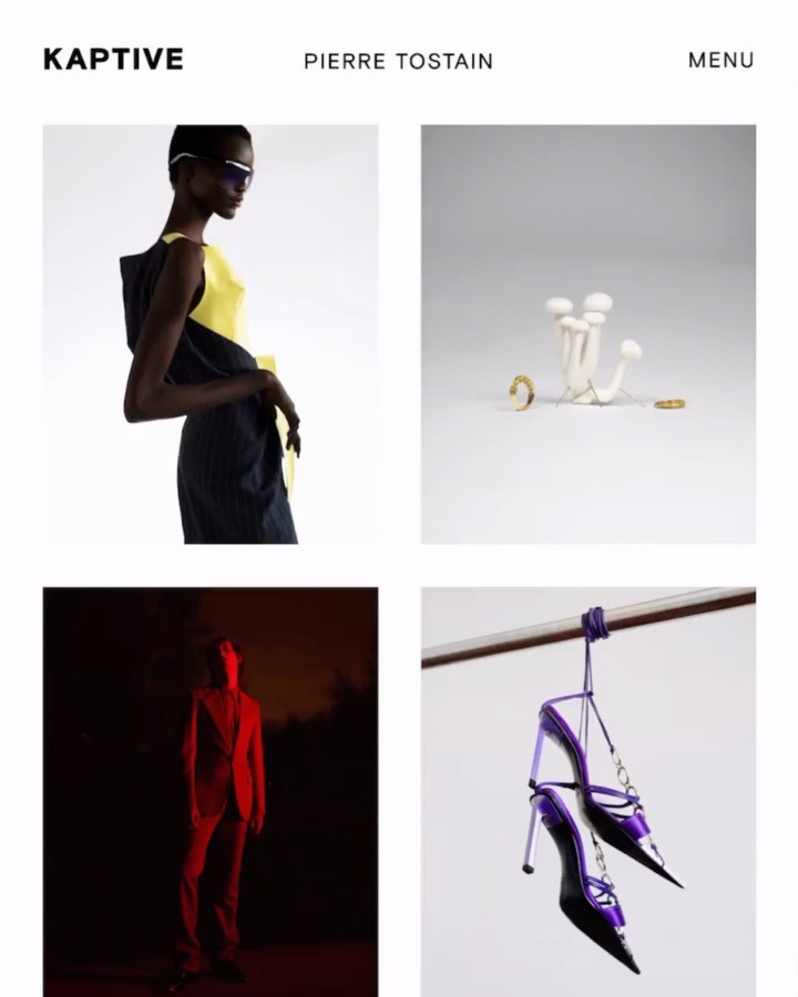 Fashion editorial collage featuring a woman in a yellow and black outfit, mushrooms with jewelry, a man in a red suit, and purple heels.