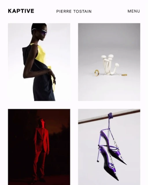 Fashion editorial collage featuring a woman in a yellow and black outfit, mushrooms with jewelry, a man in a red suit, and purple heels.