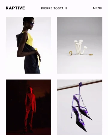 Fashion editorial collage featuring a woman in a yellow and black outfit, mushrooms with jewelry, a man in a red suit, and purple heels.
