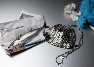 A metallic chain mail handbag resting on a reflective silver surface beside a fresh fish on a newspaper.